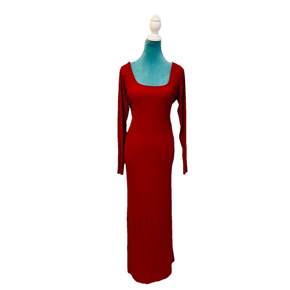 SKIMS Soft Lounge Ribbed Long Sleeve Maxi Dress Camel Size Large Stretch Bodycon